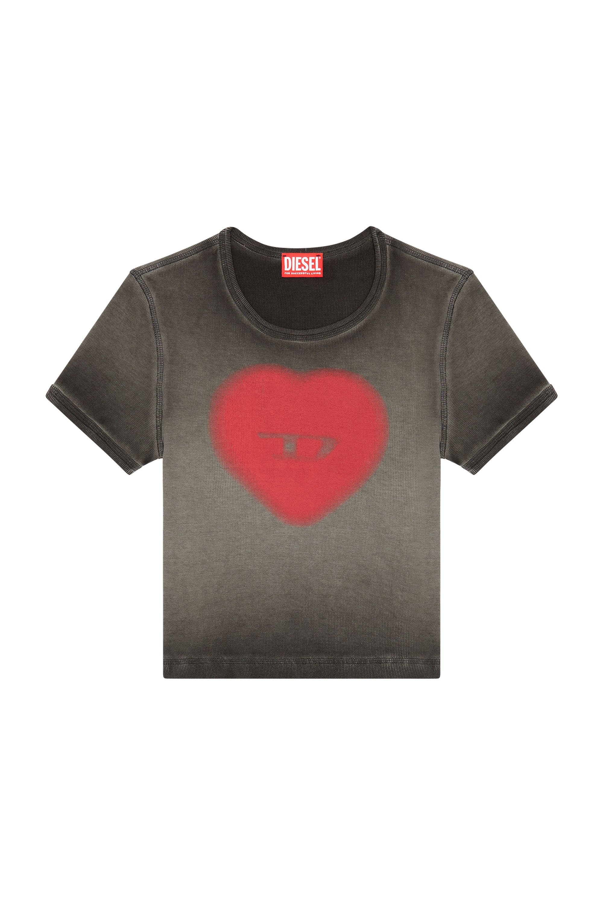 Diesel - T-ELE, Woman's Ribbed T-shirt with watercolour heart D in Black - 4