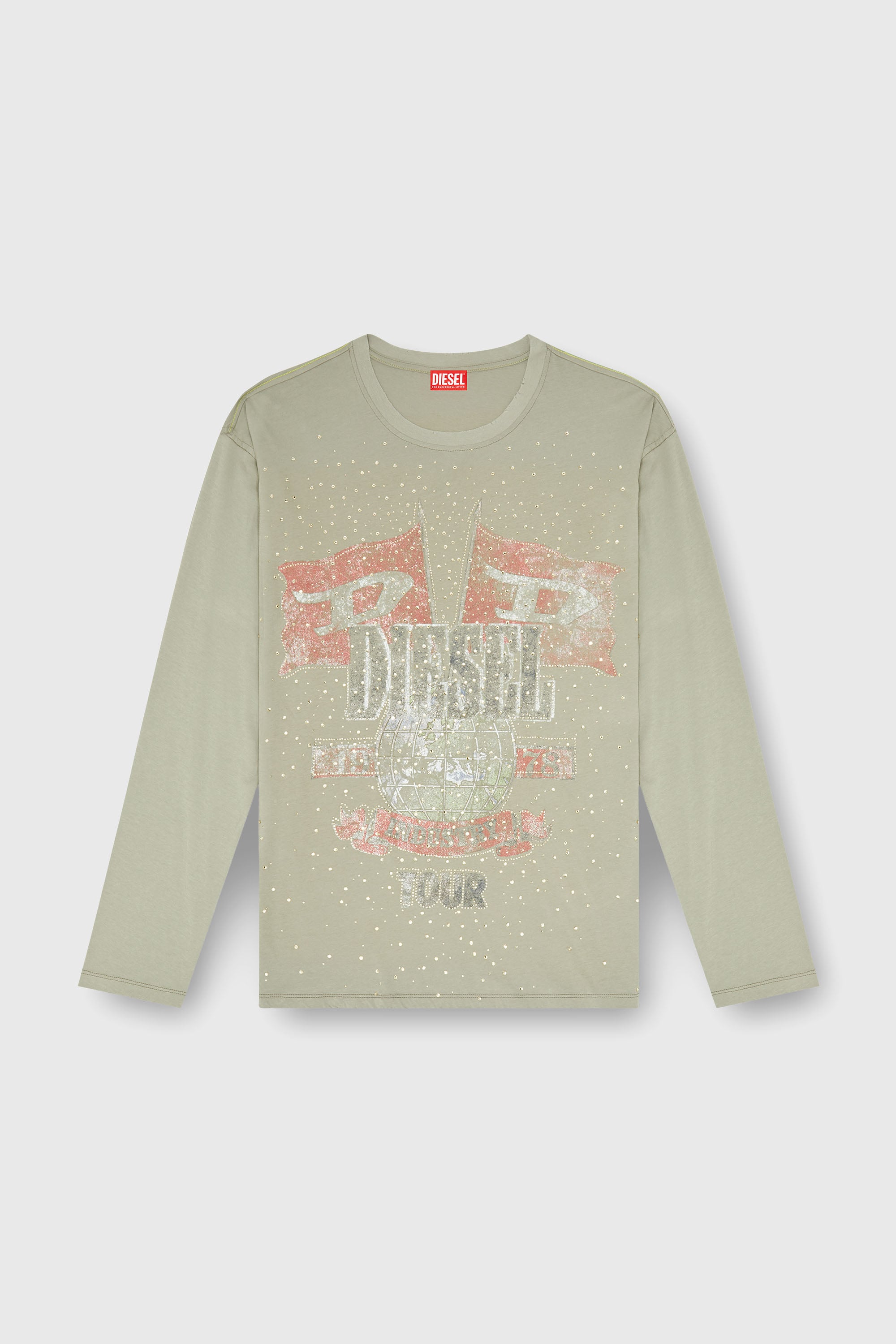 Diesel - T-GERI-LS-A, Man's Long-sleeve T-shirt with concert graphics and crystals in Olive Green - 2