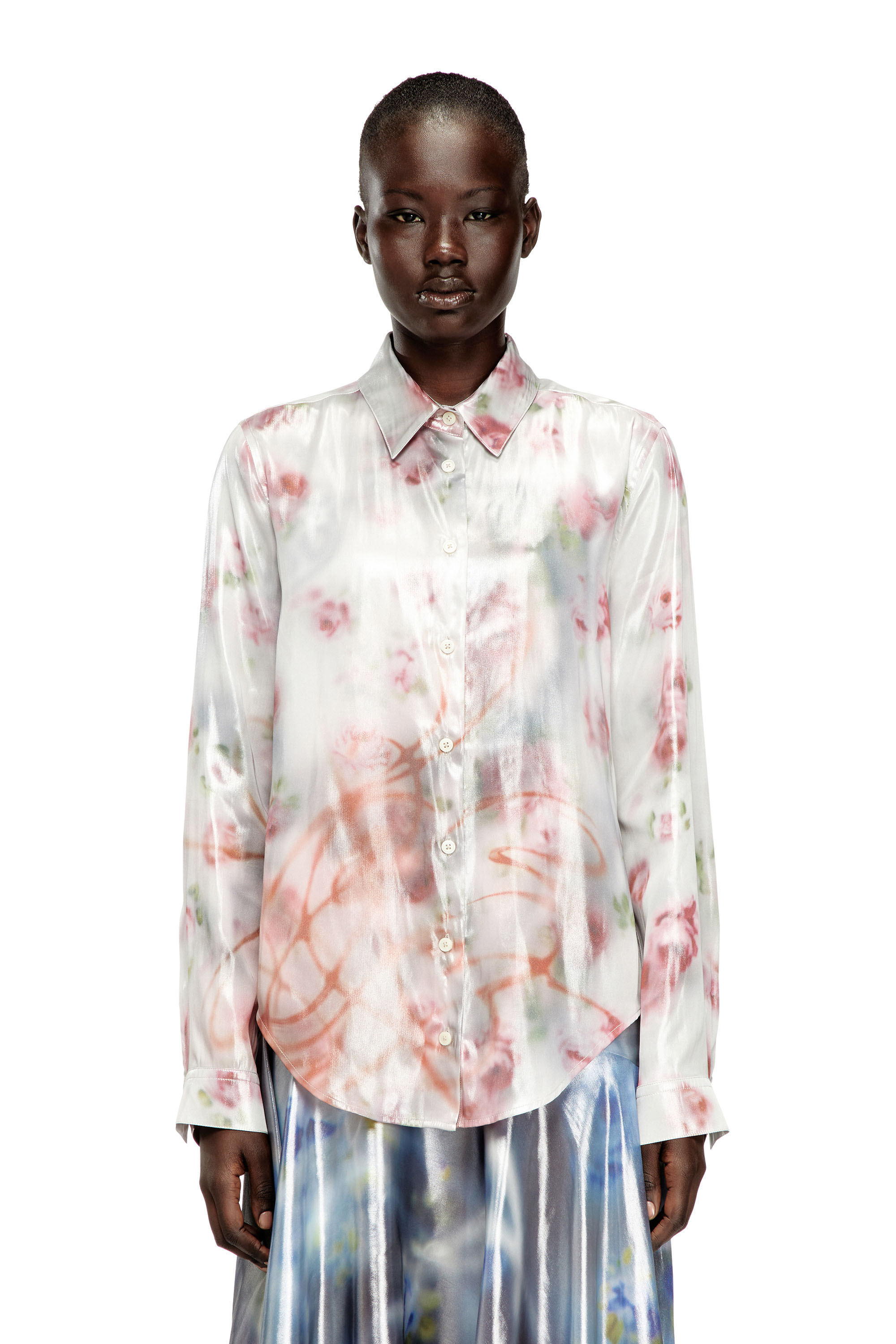Diesel - C-RONOR-S2, Woman's Metallic shirt with blurred roses print in Pink/White - 1