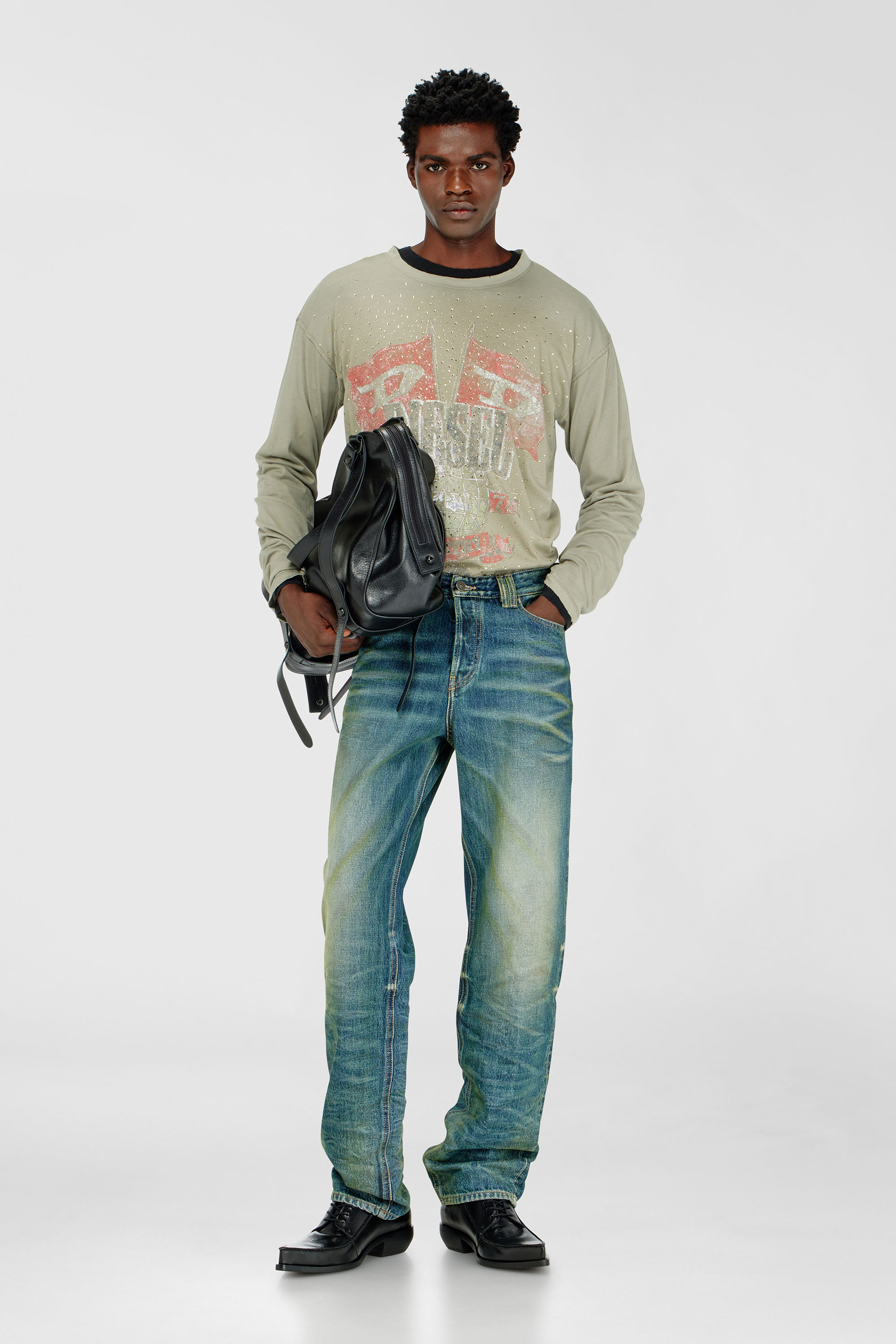 Diesel - T-GERI-LS-A, Man's Long-sleeve T-shirt with concert graphics and crystals in Olive Green - 2