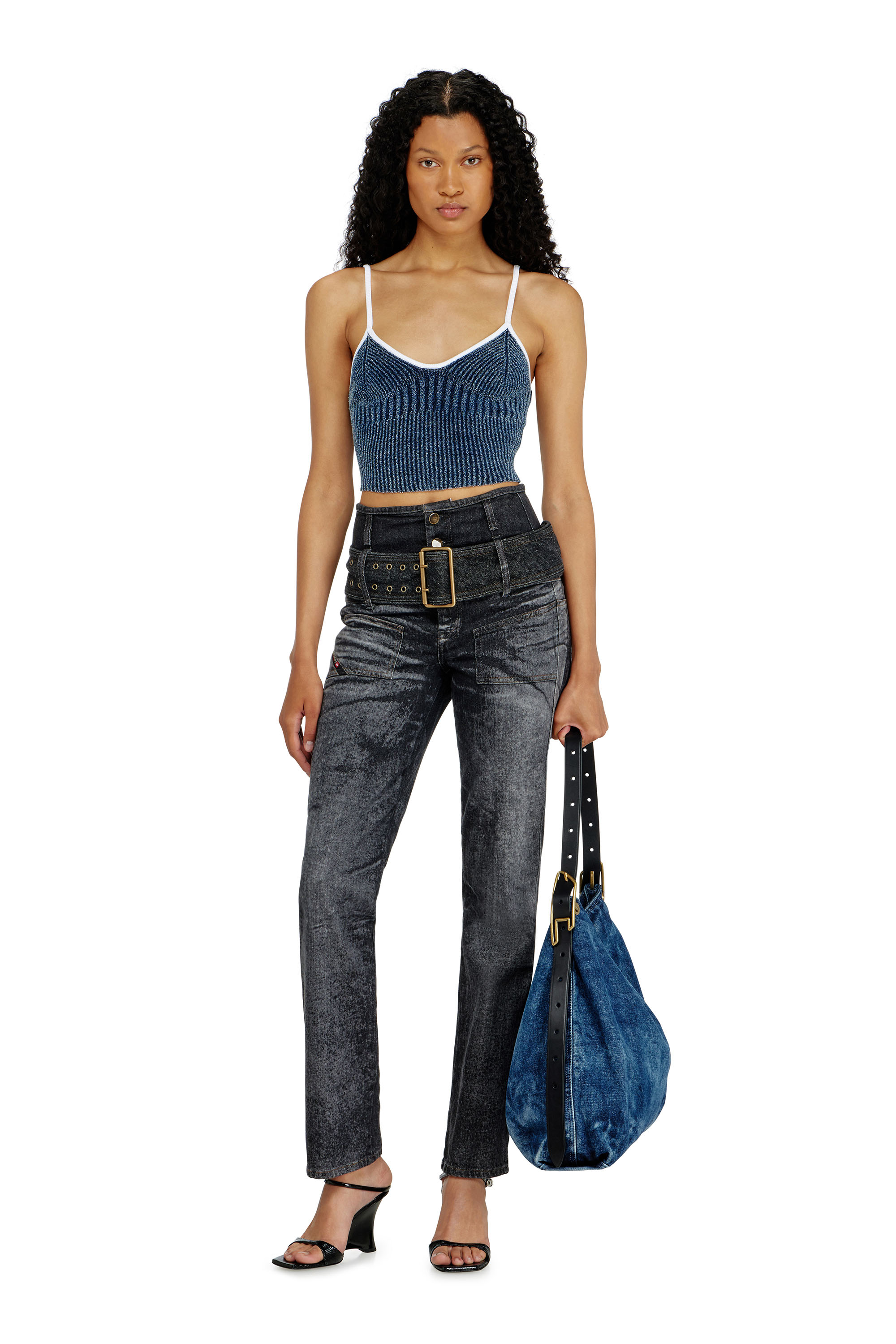 Diesel - M-ESTERE, Woman's Crop top in indigo boucl&eacute; ribbed knit in Blue/White - 2