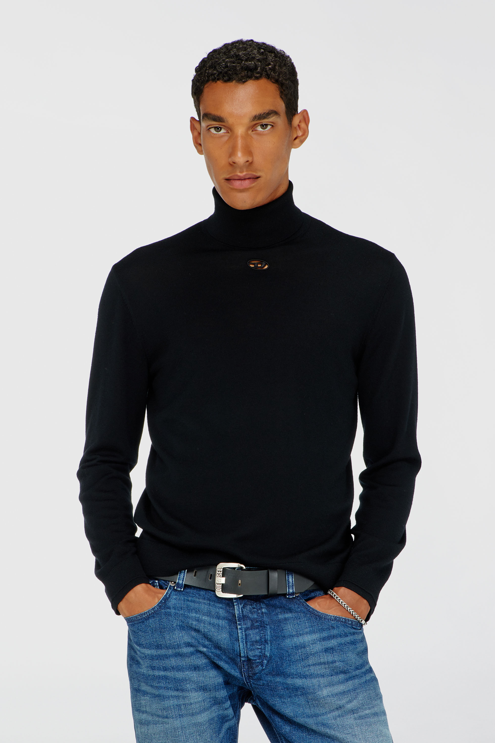 Diesel - K-VARTA, Man's Wool turtleneck jumper with cut-out logo in Black - 1
