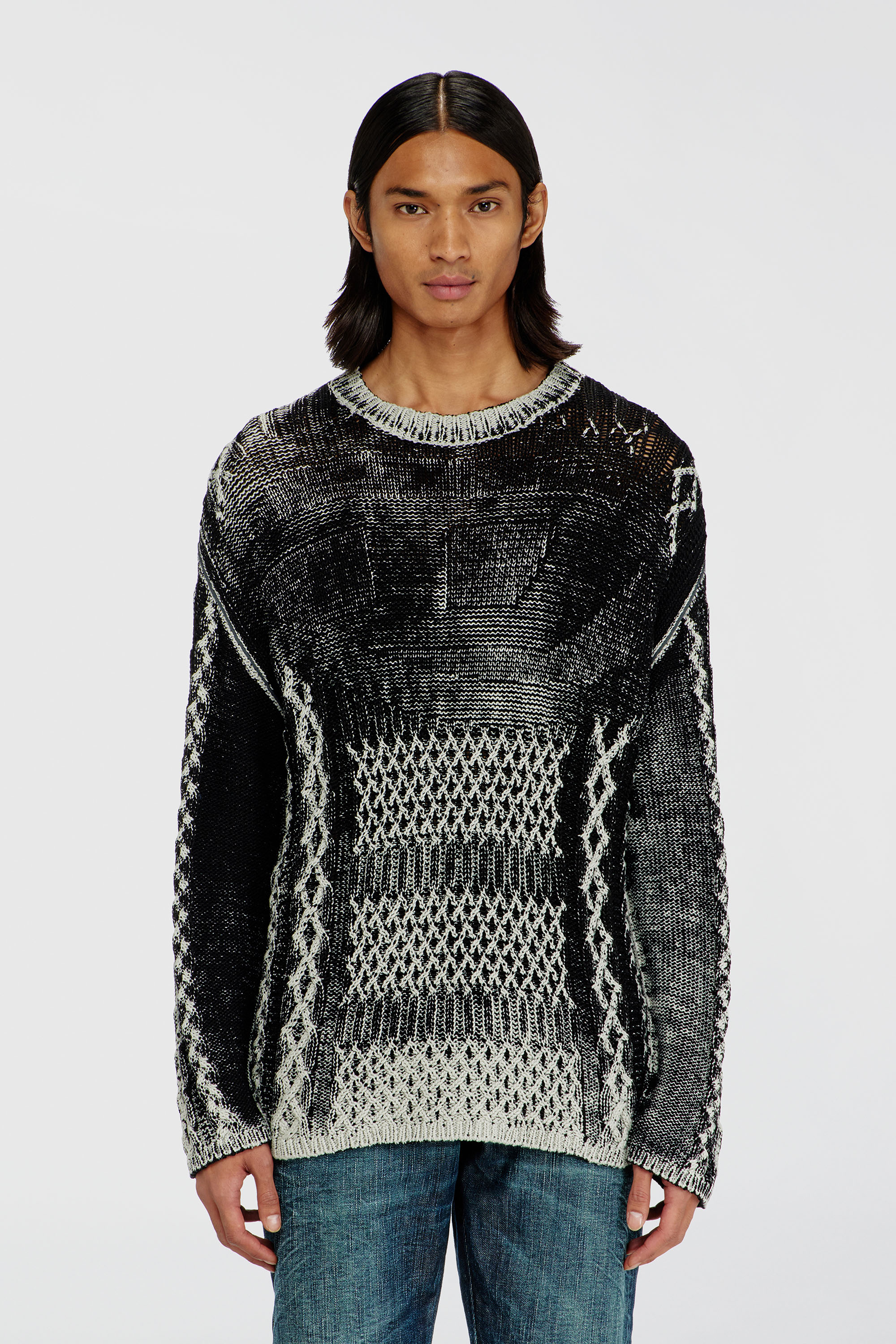 Diesel - K-MIONE, Man's Treated cable-knit jumper in Grey/Black - 1