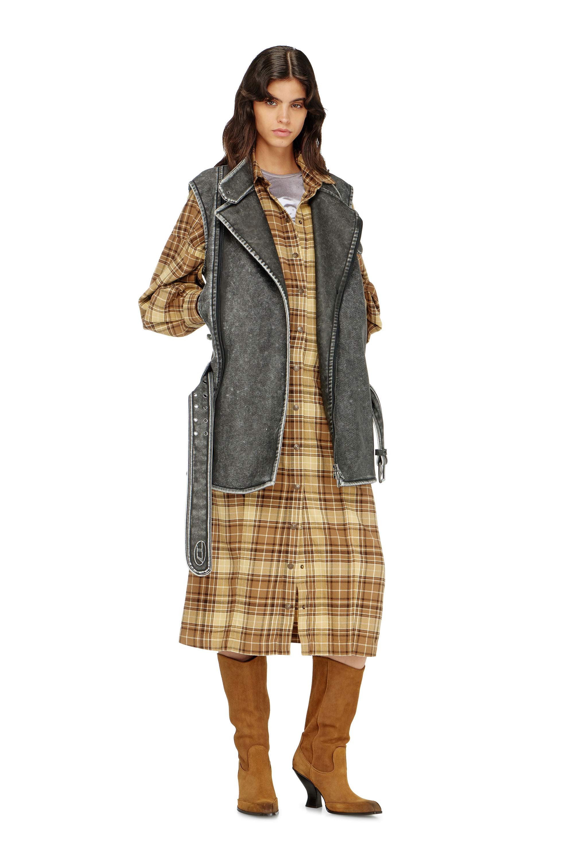Diesel - D-EDALUS, Woman's Midi dress in check flannel with wide belt in null - 2