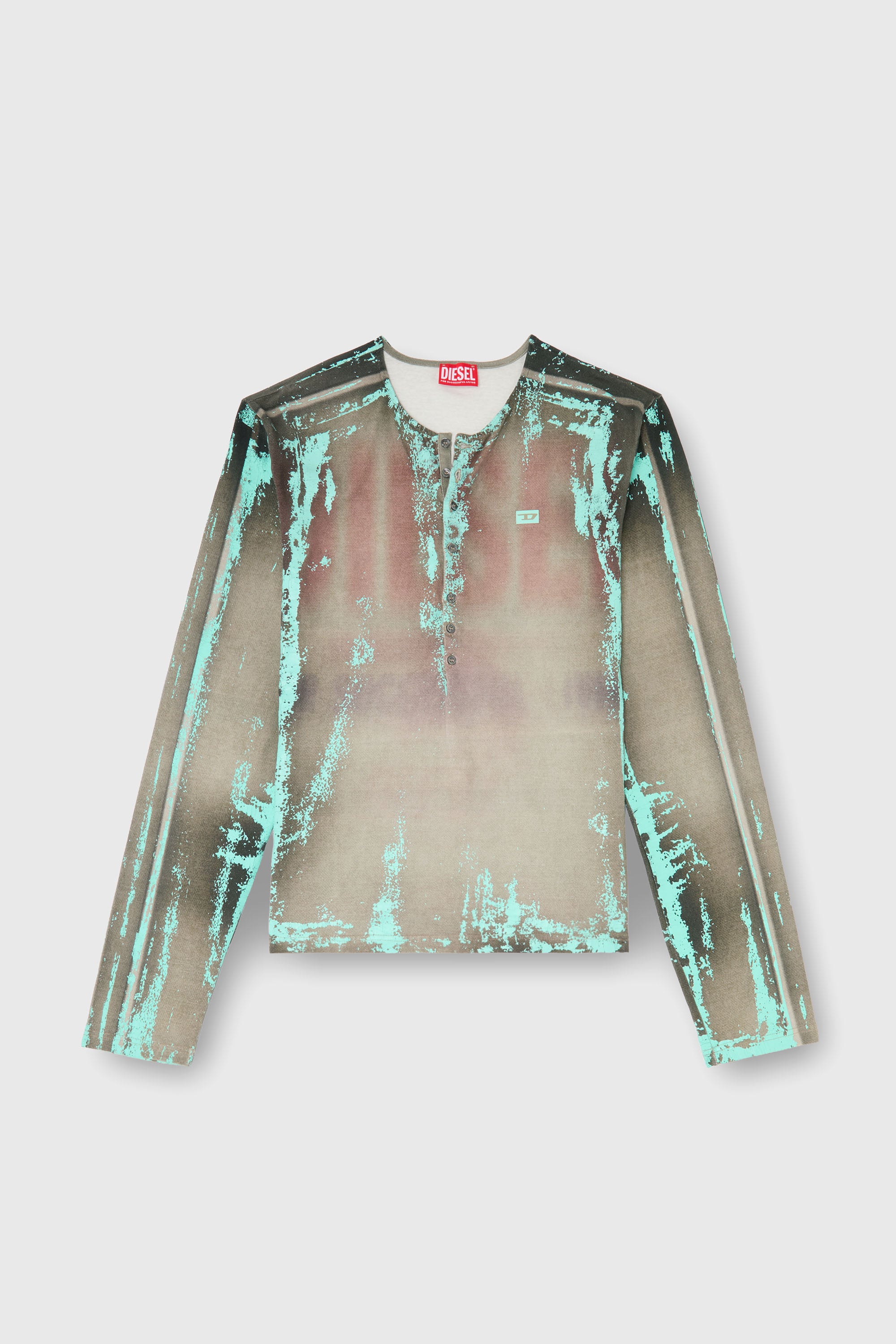 Diesel - T-FYNO-ML, Man's Grandad T-shirt in cracked leather-effect jersey in Grey/Blue - 1