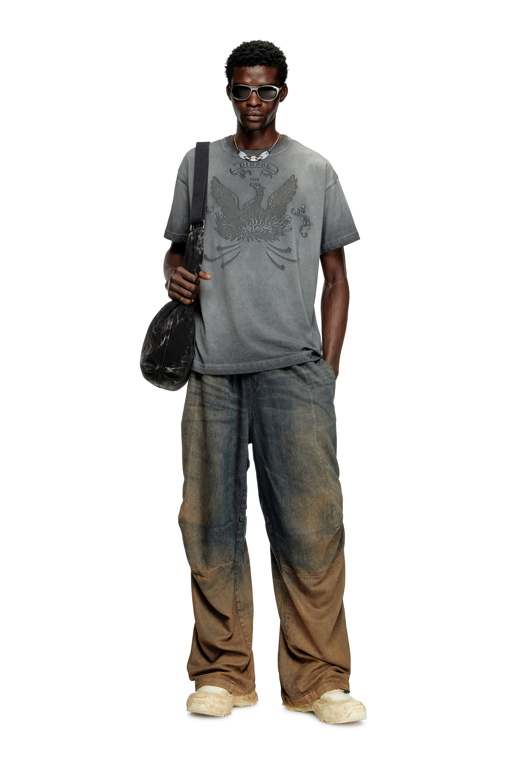 Diesel - T-NORM-T9, Man's T-shirt with phoenix devoré in Grey - 2