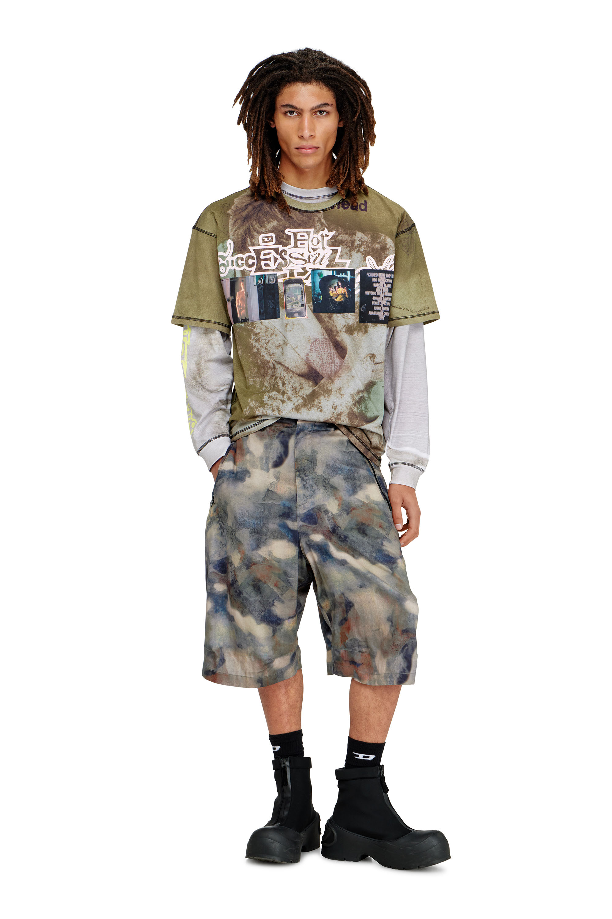 Diesel - P-STITCH-SHORT-TKBZ, Man's Fluid bermuda shorts with all-over camo print in Blue/Brown - 2