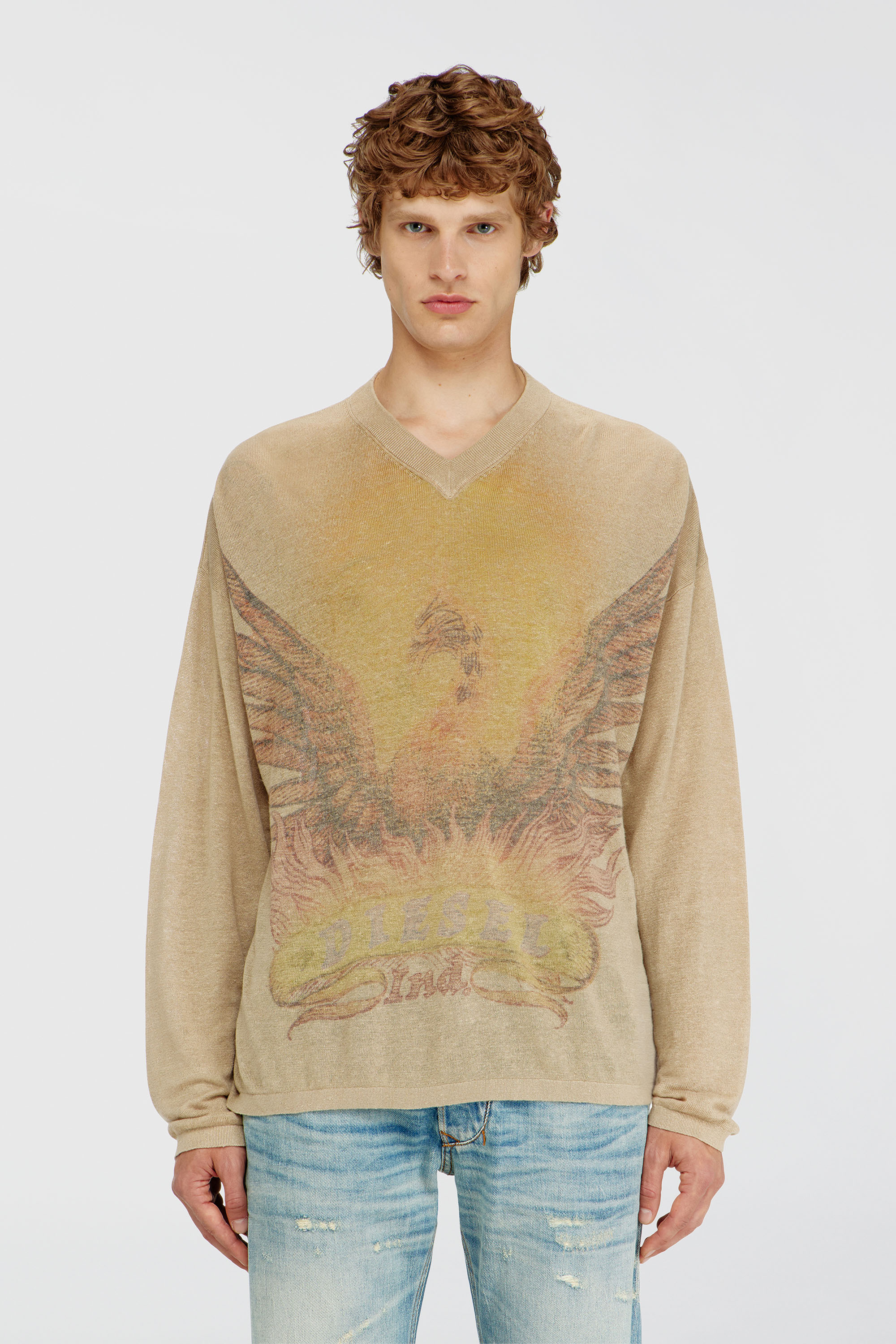 Diesel - K-ARMINS, Man's Linen jumper with faded Phoenix print in Beige - 1