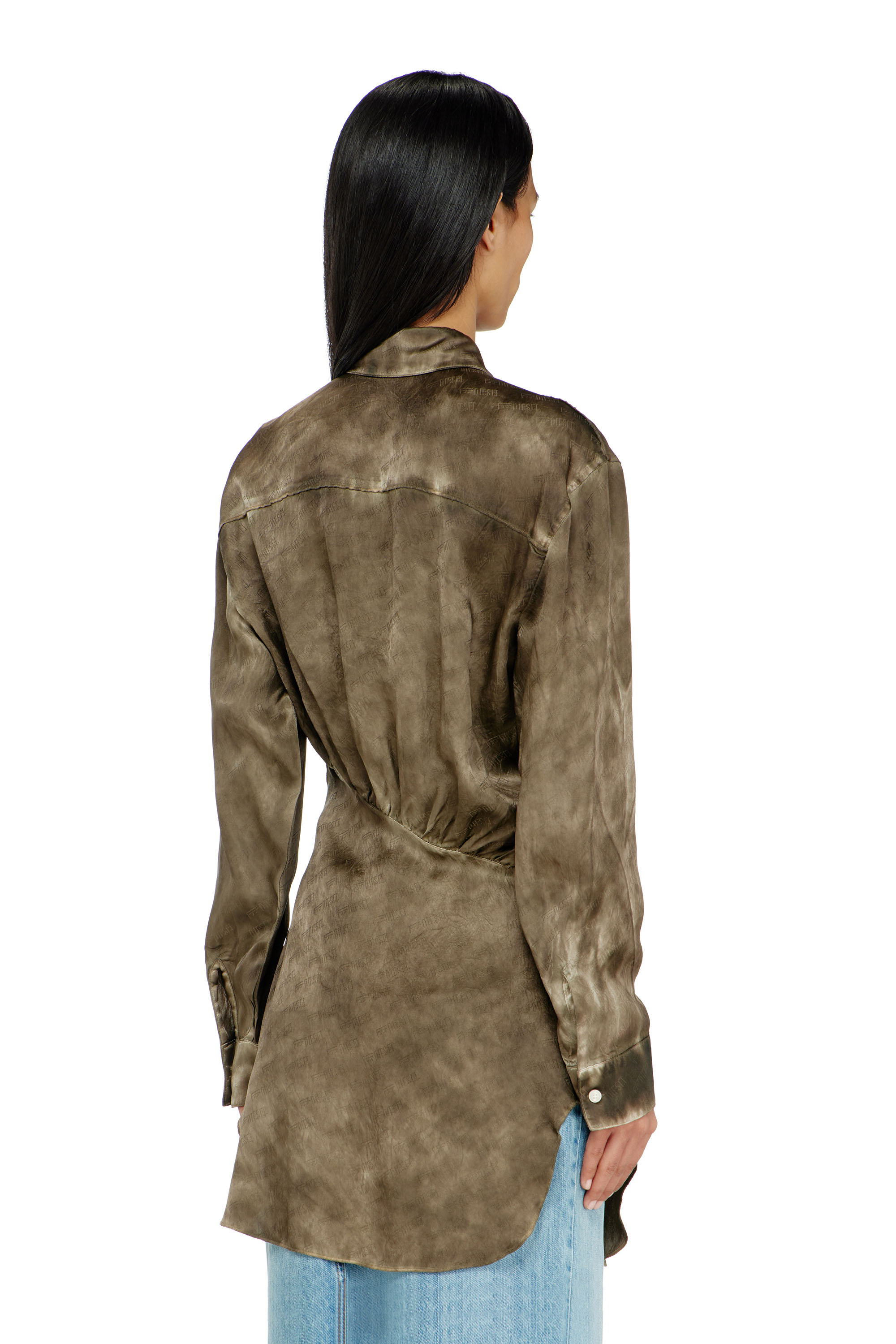 Diesel - C-LAVEL, Woman's Long shirt in logo-jacquard crinkled satin in Military Green - 4