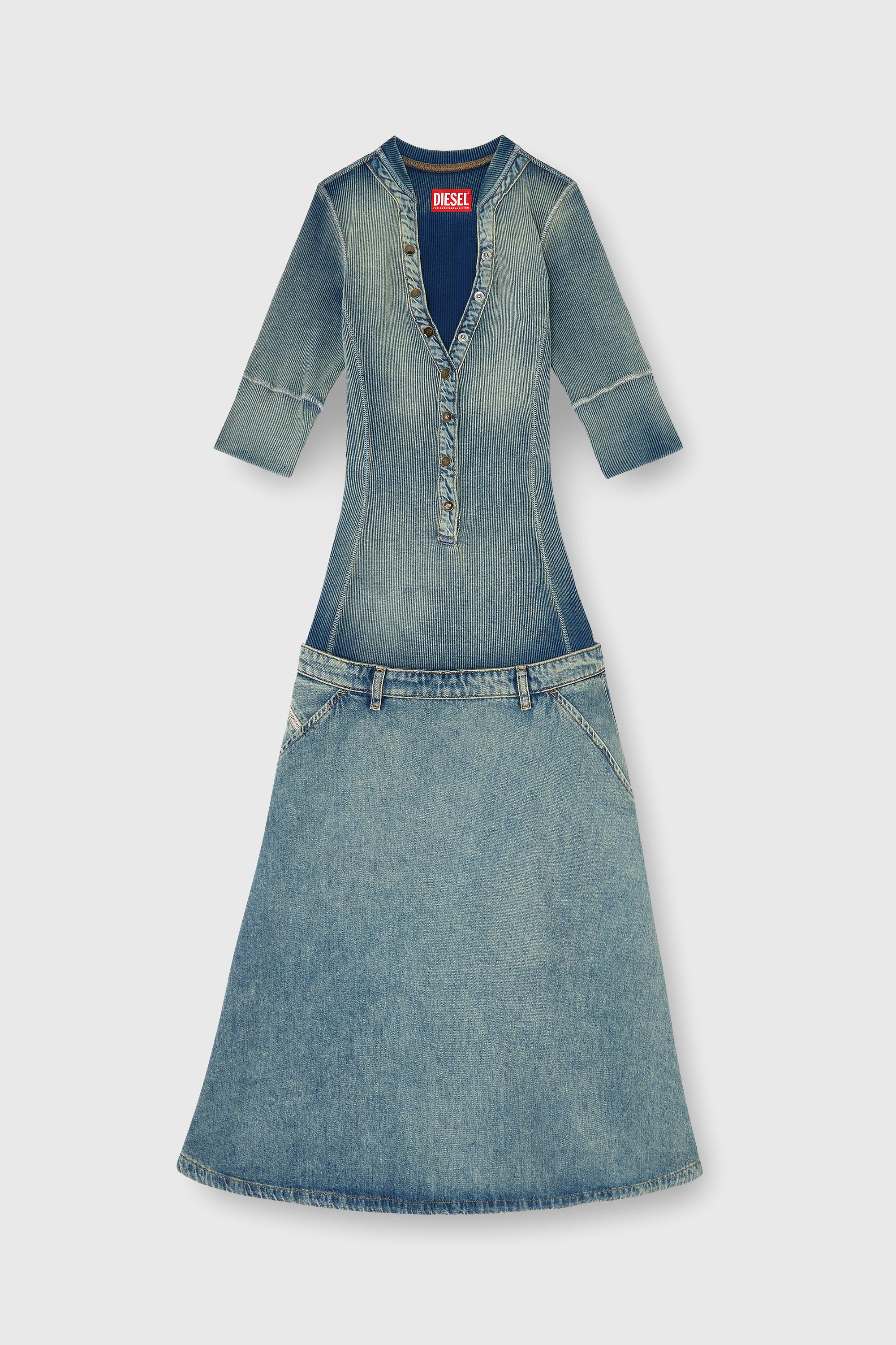Diesel - DE-ANIM-S, Woman's Drop-waist midi dress in knit and denim in Medium blue - 2