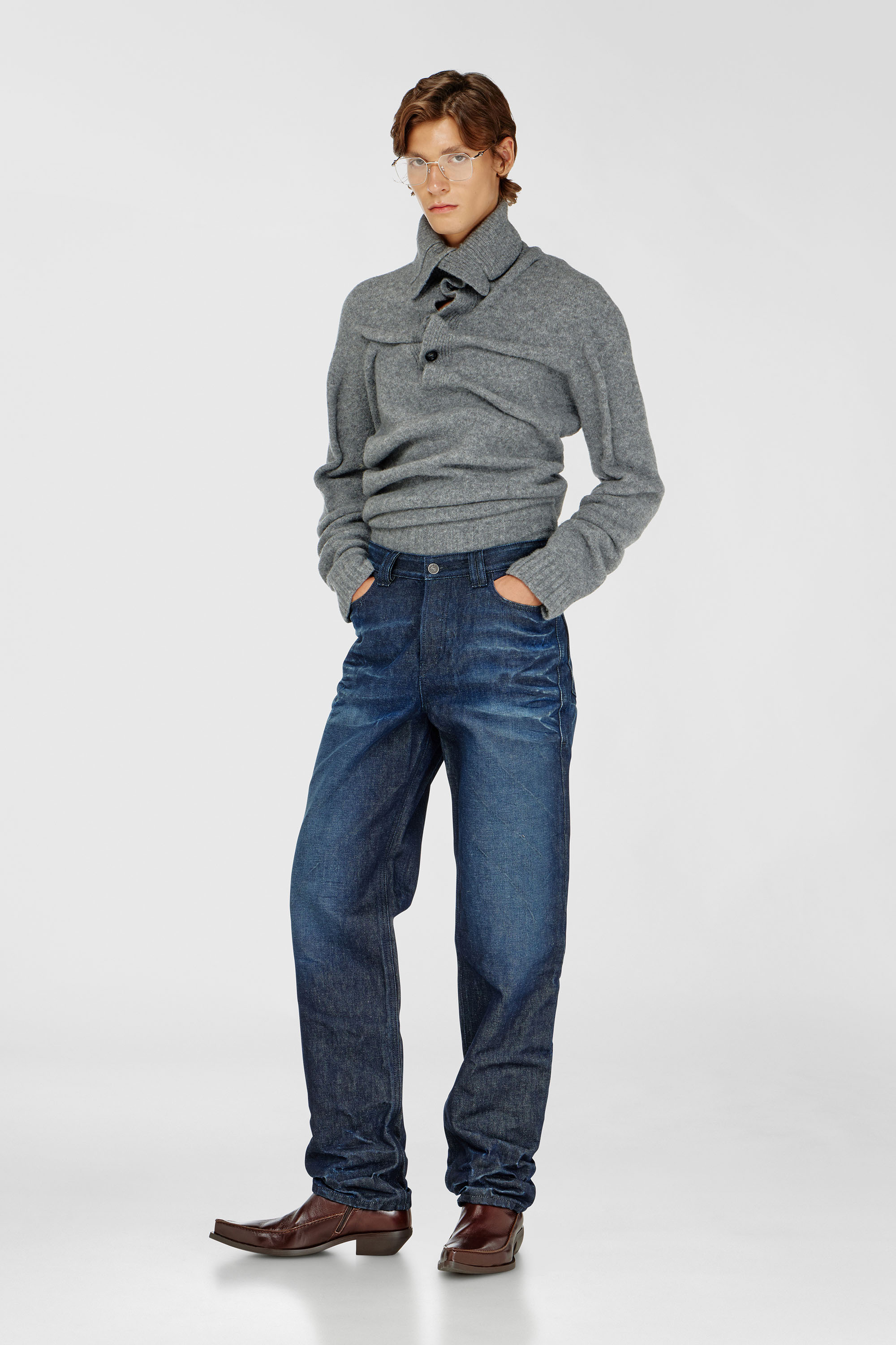 Diesel - K-ANDREW, Man's Button-neck jumper in wrinkled boiled knit in null - 1