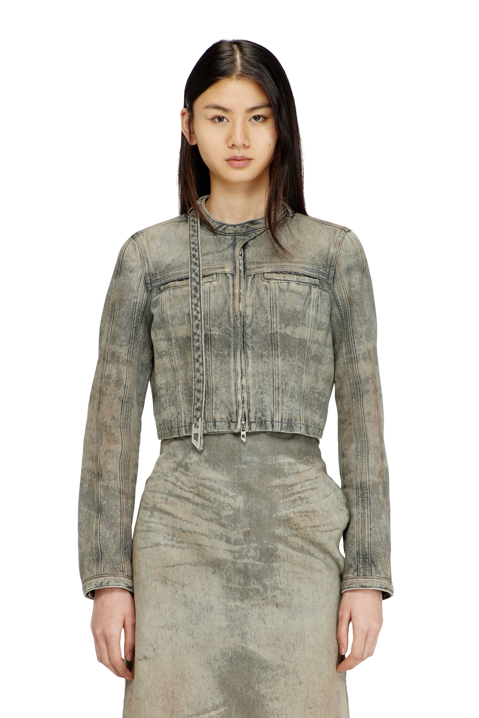 Diesel - DE-SAPHIX-FSI1, Woman's Cropped jacket in cotton-hemp satin denim in Grey - 1