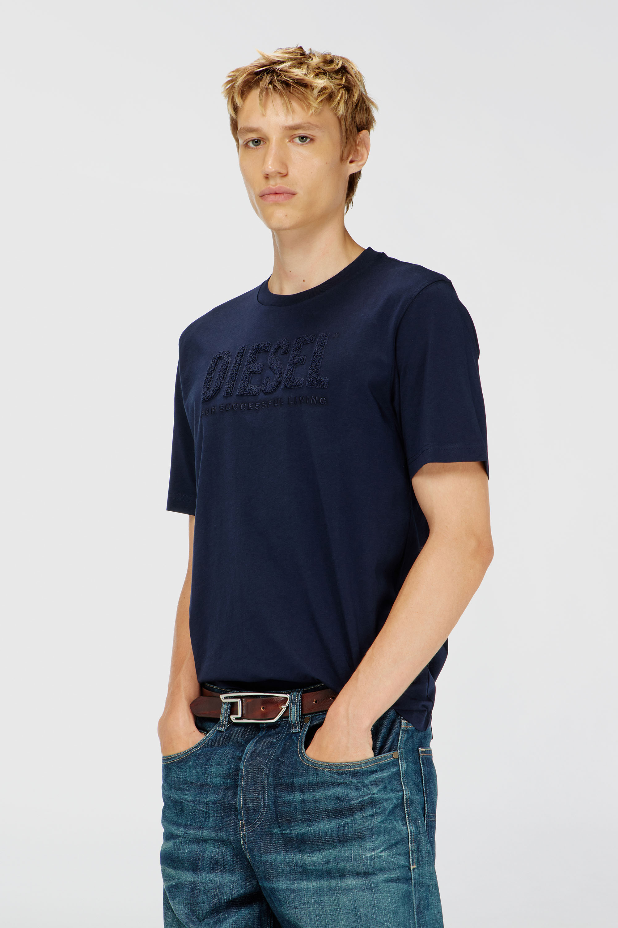 Diesel - T-JUST-OVA-T92, Man's Cotton T-shirt with tonal Diesel logo print in Blue - 1