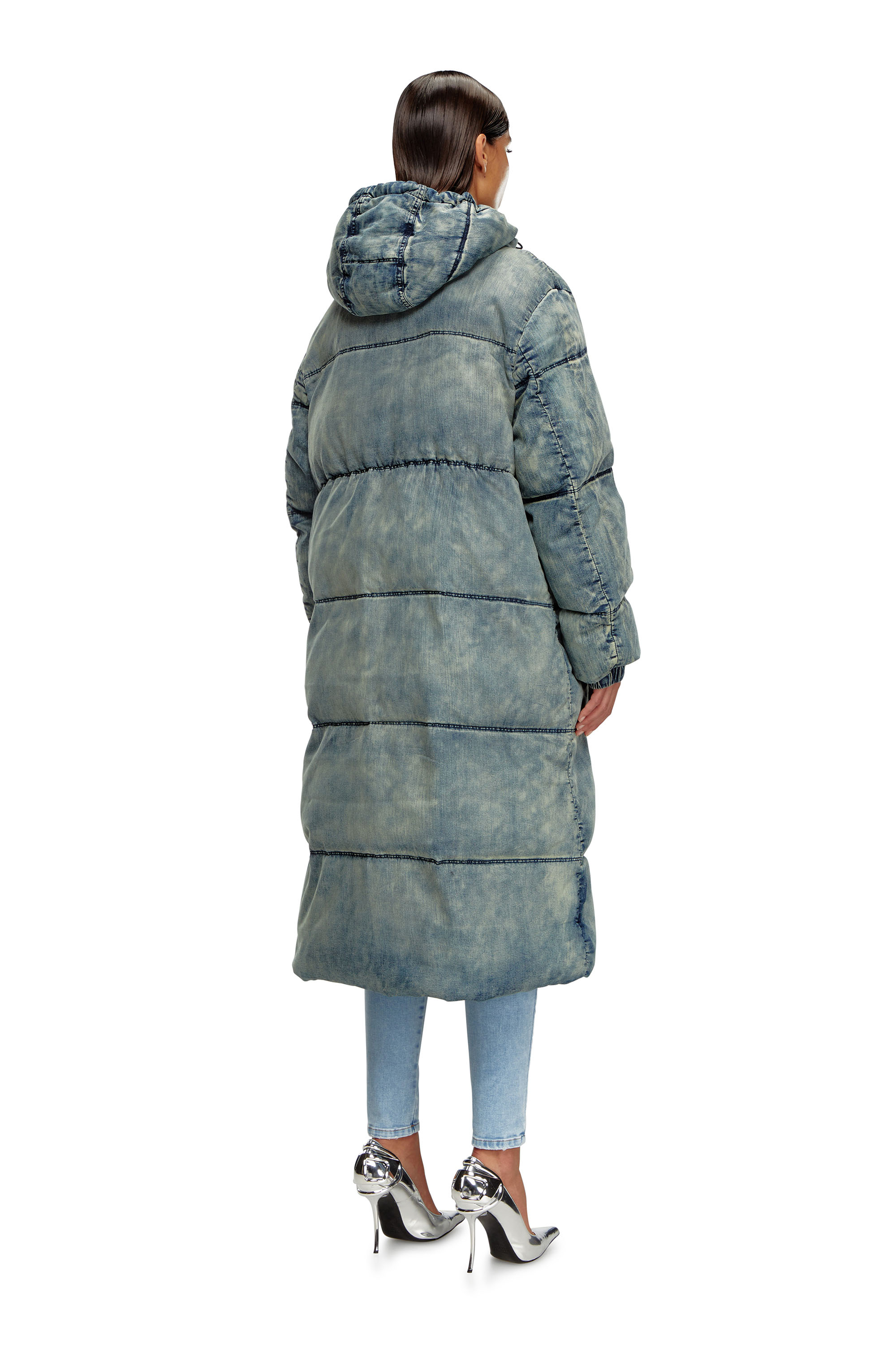 Diesel - W-AVES-LONG, Woman's Hooded puffer coat in stretch denim in Blue - 3