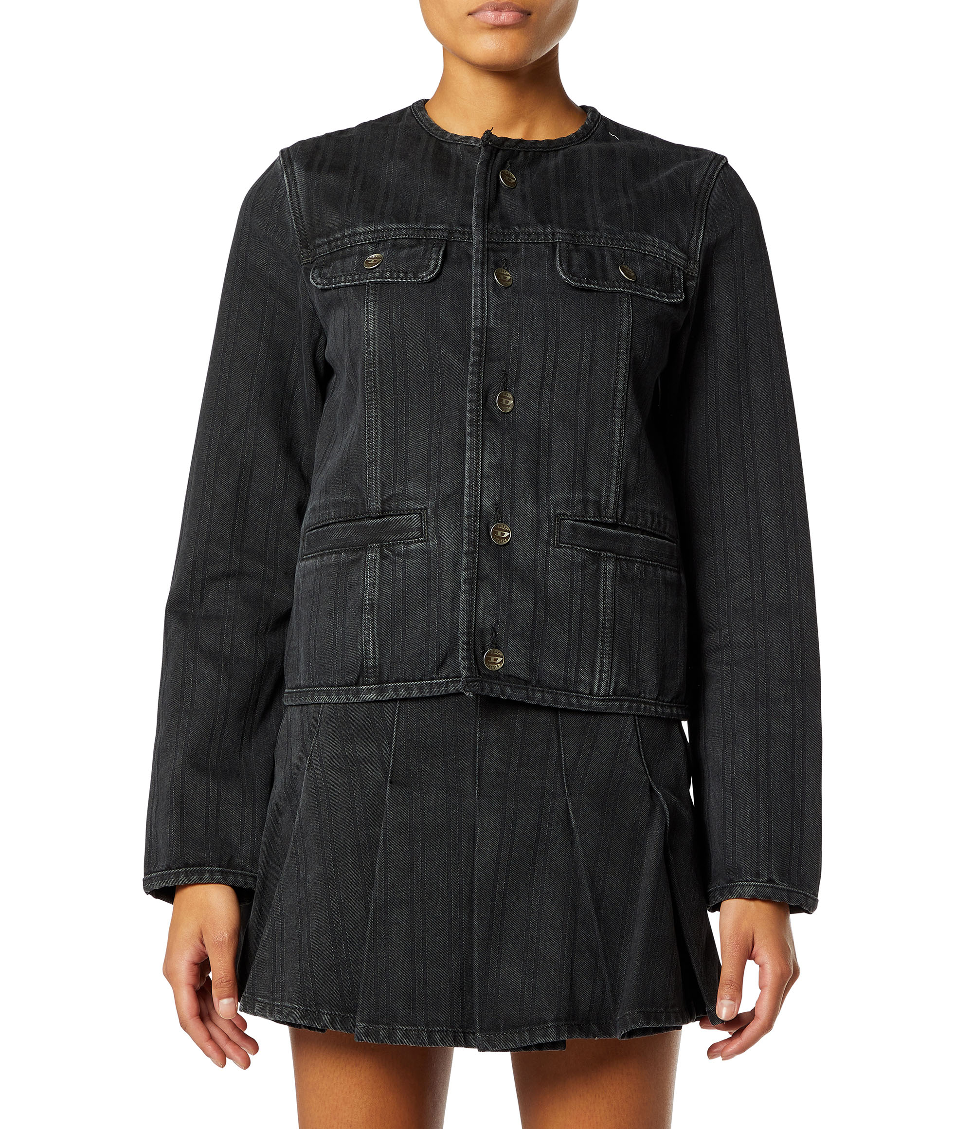 Diesel - DE-GRAFY, Woman's Collarless jacket in pinstripe denim in Black/Dark grey - 1